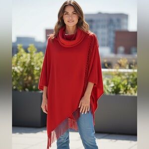 NY Collection Red Fringe Cowl Neck Poncho Top